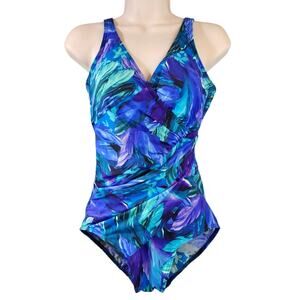 Miraclesuit Onepiece Women's Swimsuit Blue and Purple Leaf Pattern Size 10